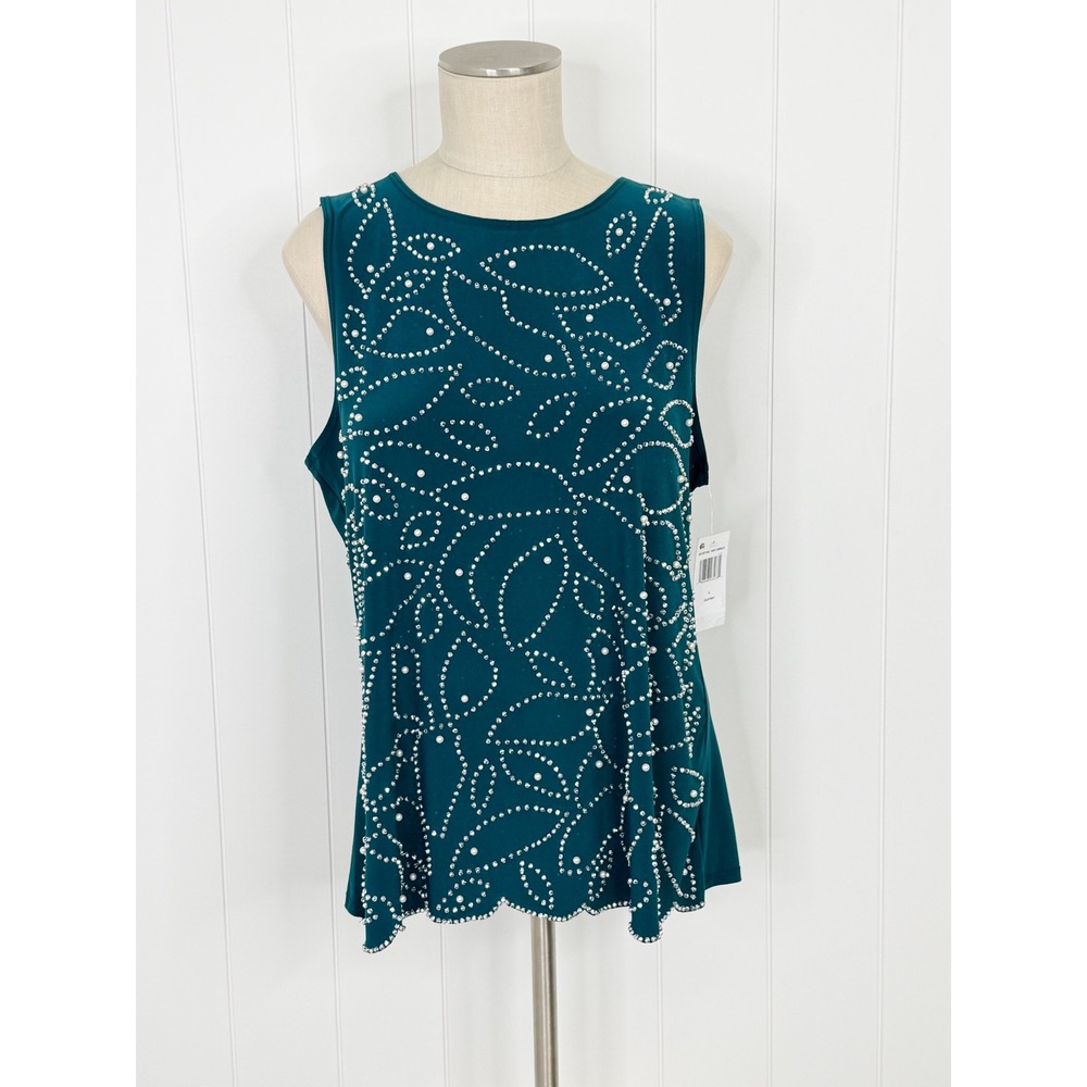 MSK Neo Emerald Studded Faux Pearl Shell Top NWT Women‎ Large Green Sleeveless